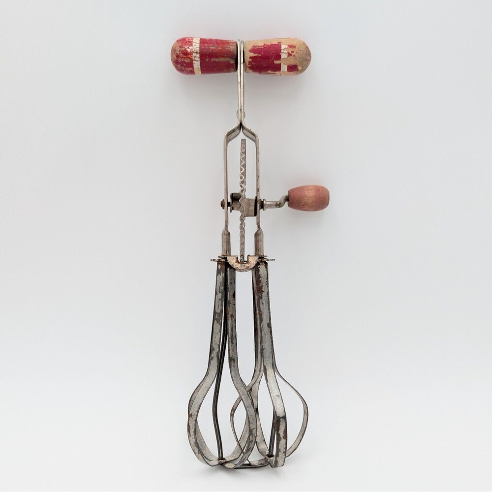 Vintage Ekco A&J Egg Beater High Speed Hand Crank Mixer Red Wooden Handle USA